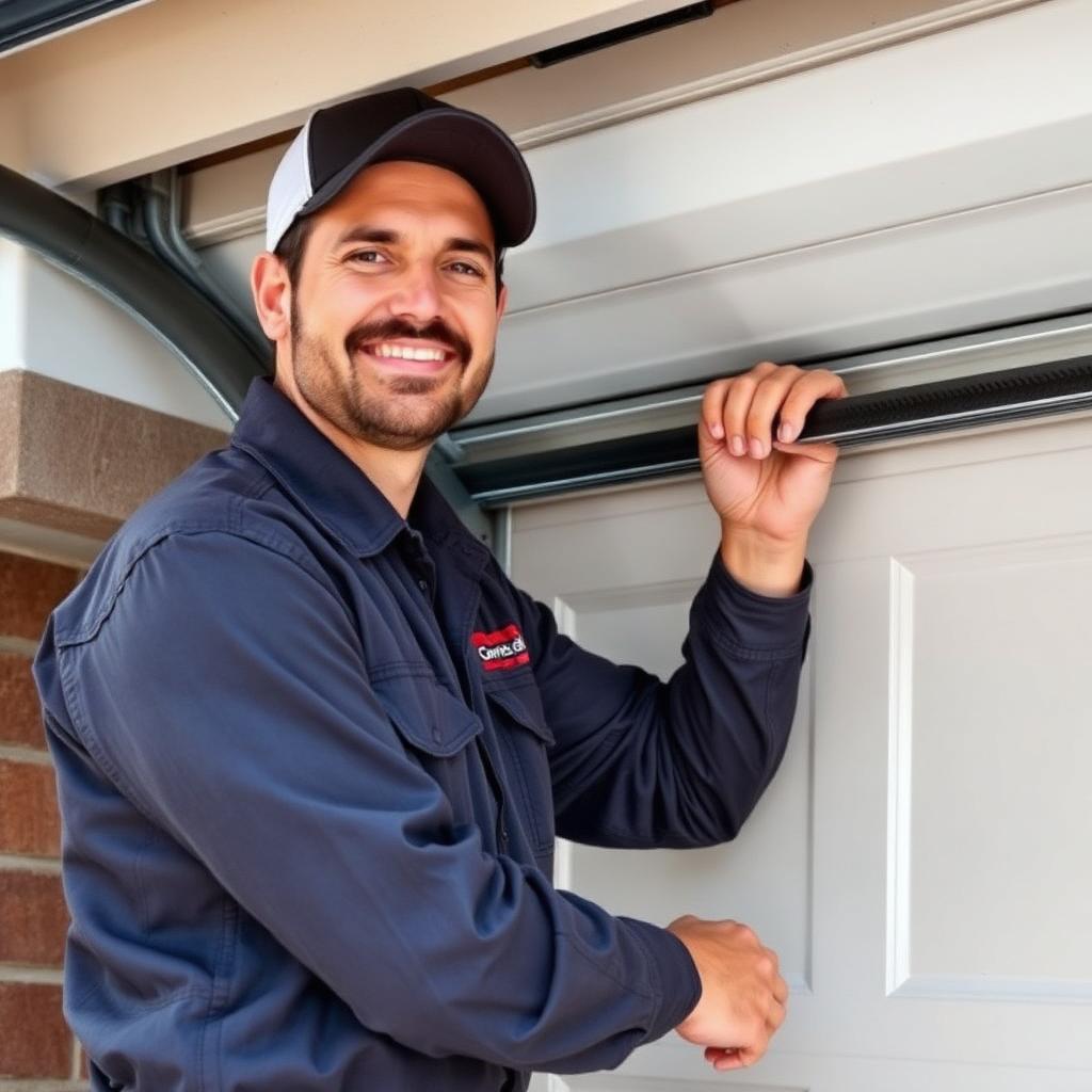Northport Garage Doors team member installing weather seal on residential garage