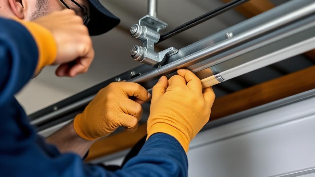 Professional technician replacing garage door rollers on residential door track