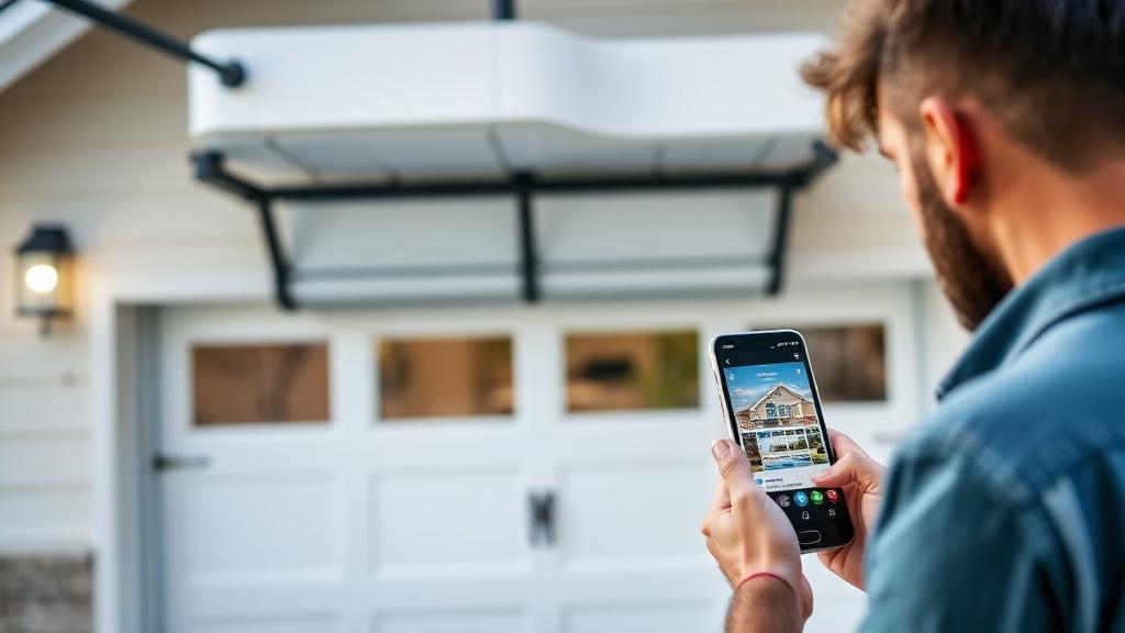 Homeowner using smartphone to control smart garage door opener